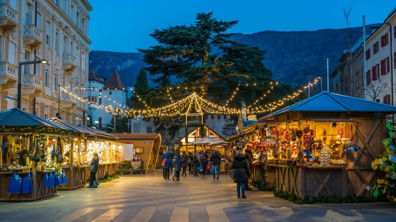 Stalls around the central square in Trento selling mulled wine, local food and local products