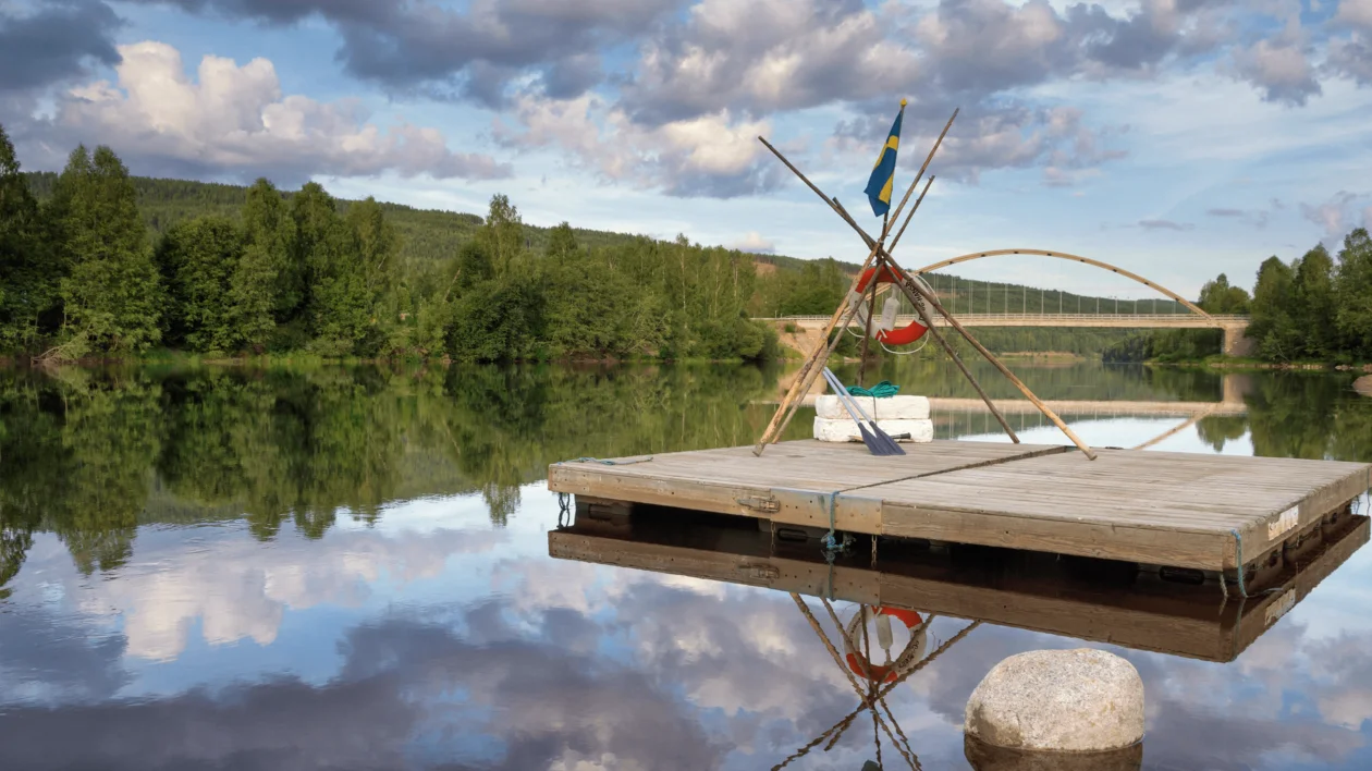 A timber raft on the Klarälven river in Sweden.
