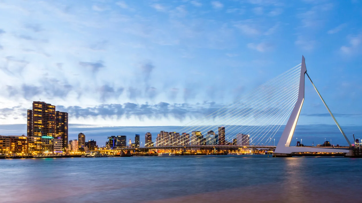 Rotterdam city skyline at dusk.