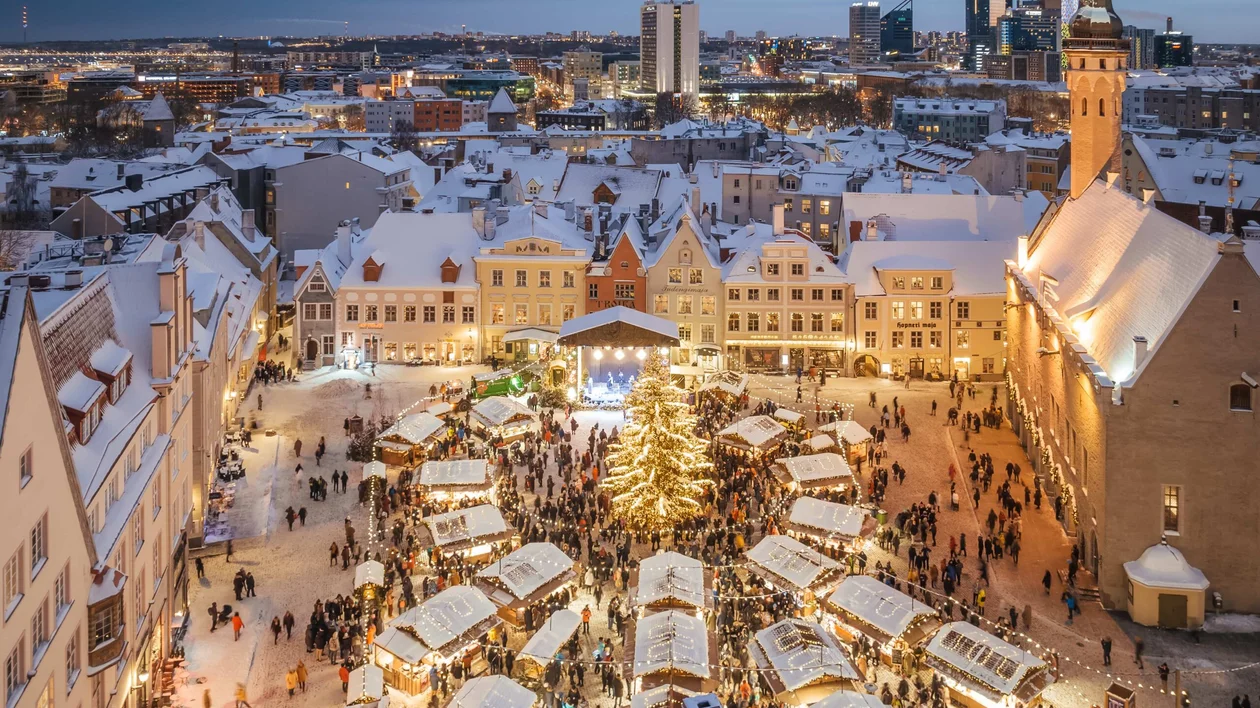Aerial view of the christmas Market in Tallinn with snow.