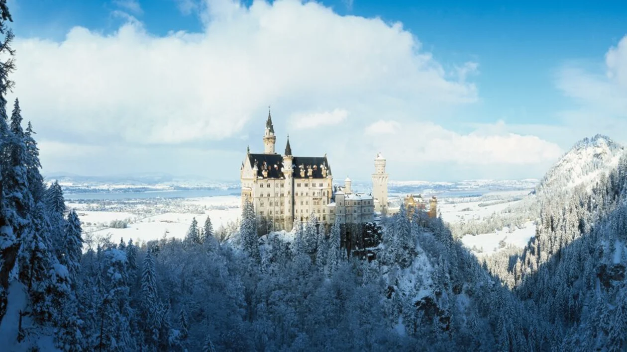 A panoramic view of a snow-covered castle amidst pine forests with a blue sky overhead.