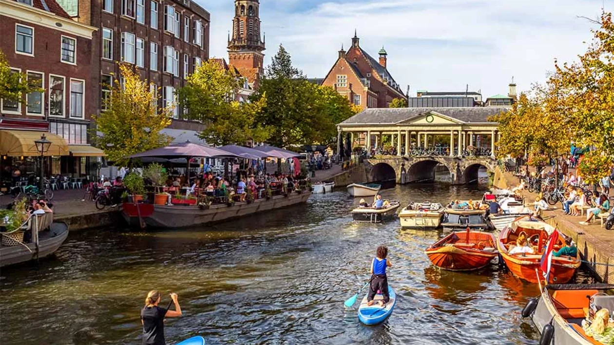 View on the old town of Leiden from the canal, the Netherlands