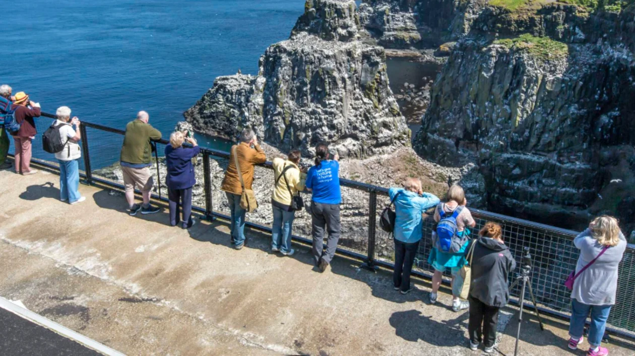A group of tourists stands at a seaside overlook, gazing at rocky cliffs and blue waters on a sunny day.