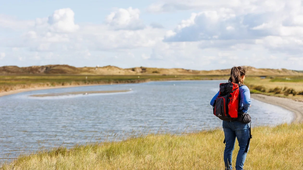 Panoramic view of the Zwin nature reserve in Knokke with expansive meadows, a winding path, and a bicycle resting near a wooden fence under a dynamic, cloud-filled sky.