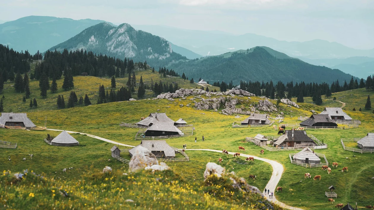 Two hikers walking along a rugged path surrounded by traditional huts and rolling hills, exploring the rustic charm of Velika Planina.