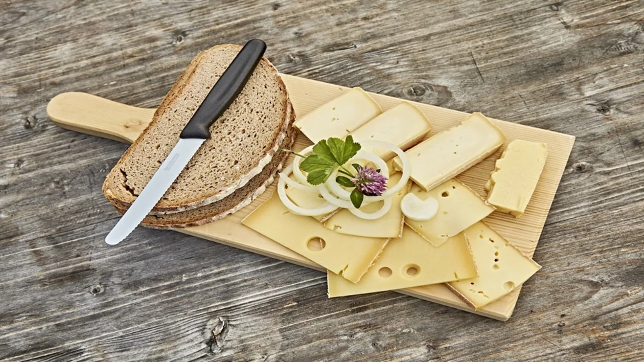 Traditional Alpine cheese platter with rye bread, sliced cheese, onion rings and herbs on a rustic wooden board.