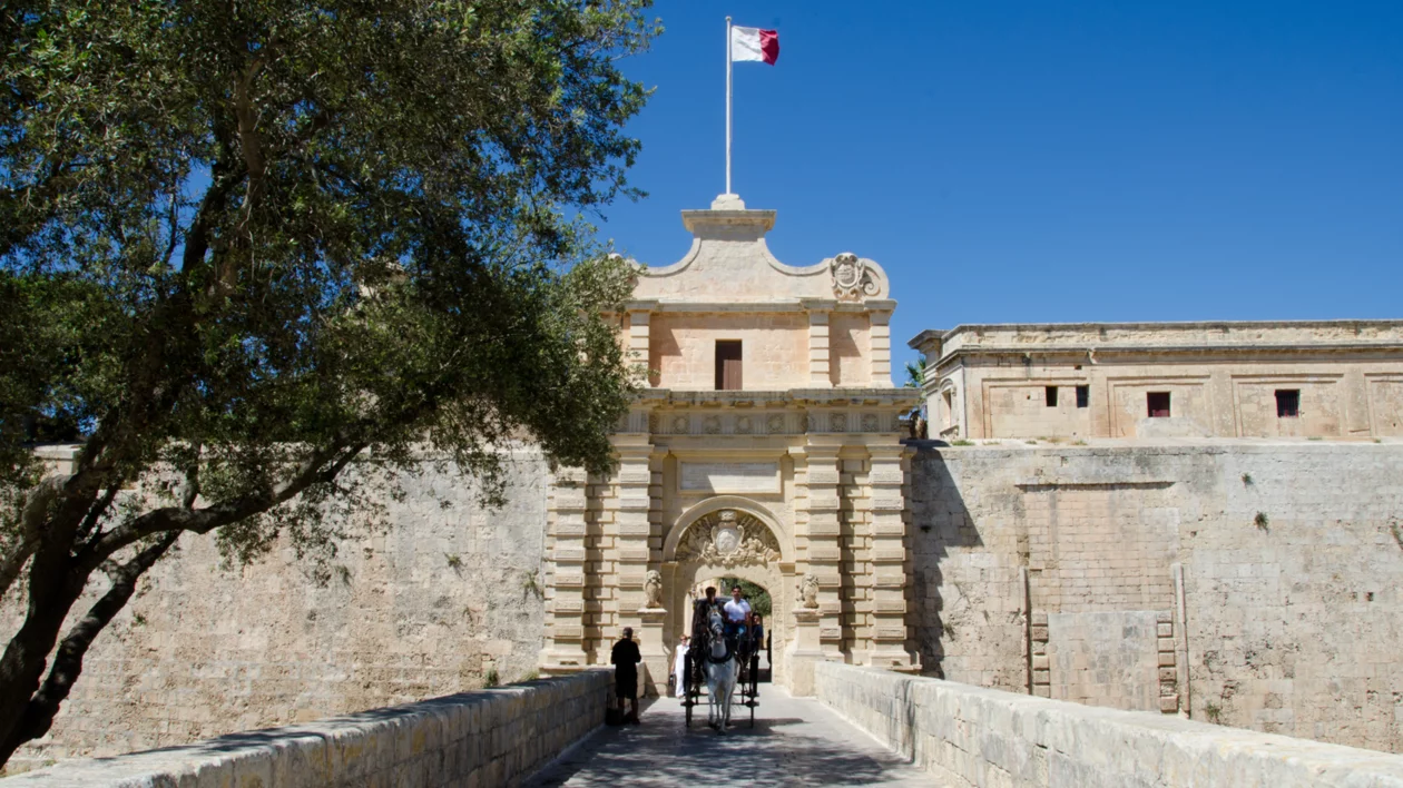 Historic gate of Mdina with a flag overhead, visitors passing through, and a tree casting shade over the bridge.