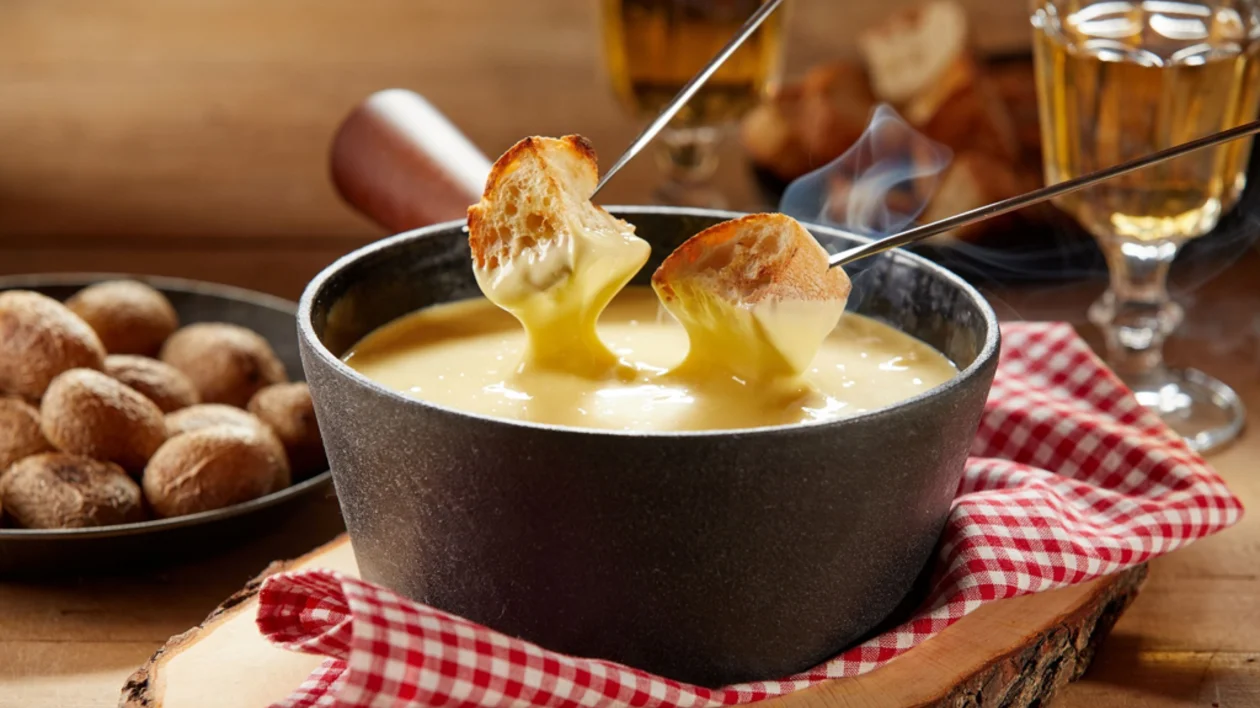 Traditional Swiss cheese fondue served with pieces of bread and a glass of wine on a red checkered tablecloth.