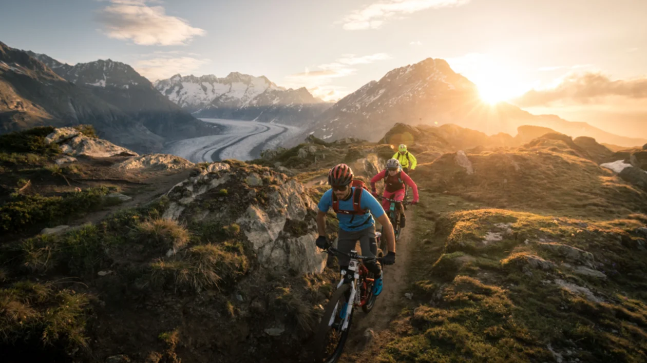 Mountain bikers riding on a high‑alpine trail in the Aletsch Arena, Switzerland, with the Swiss Alps and glacier panorama in the background.