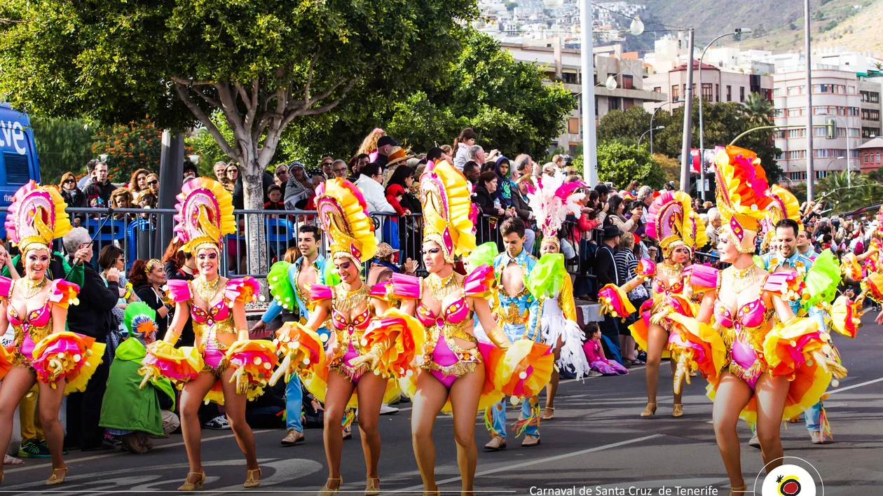 Colorful carnival dancers performing during Santa Cruz de Tenerife Carnival.