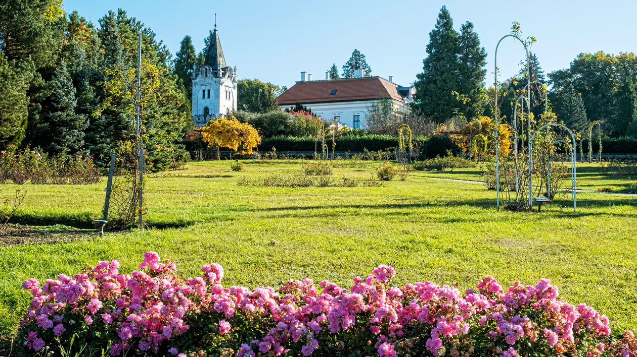 Manicured garden with pink flowers, a lawn, trees, and a white building in the background.