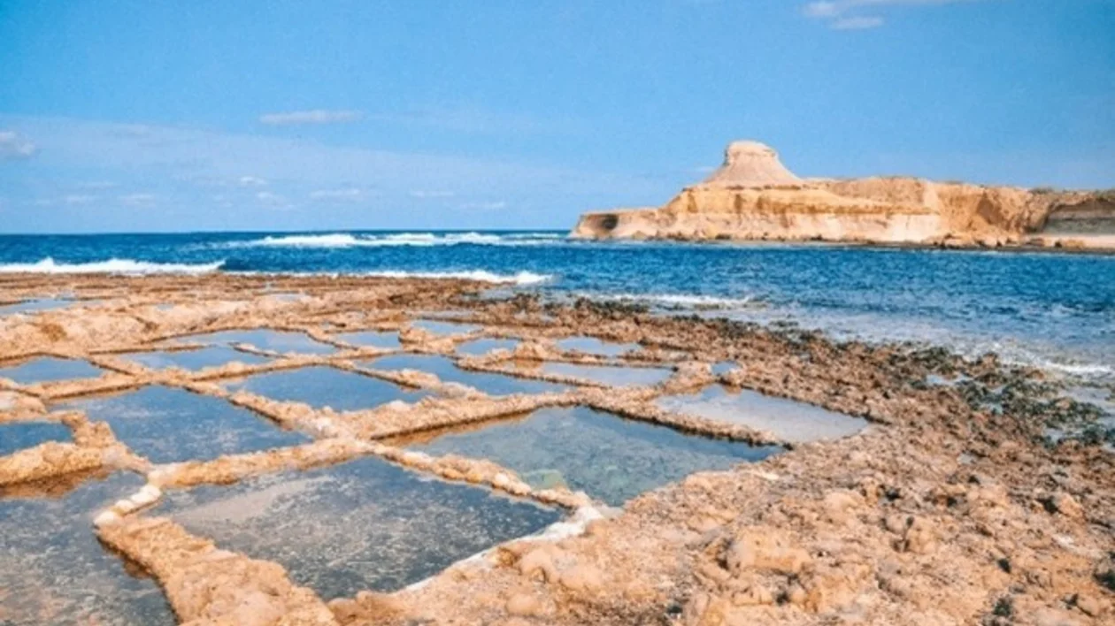 Salt pans by the sea with waves, blue sky, and rocky cliffs in the distance.