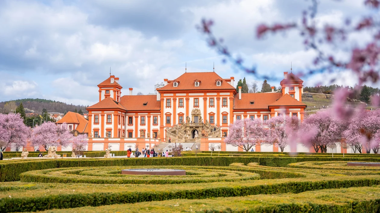 Baroque palace with red roofs, garden maze, and blooming pink trees under a blue sky.