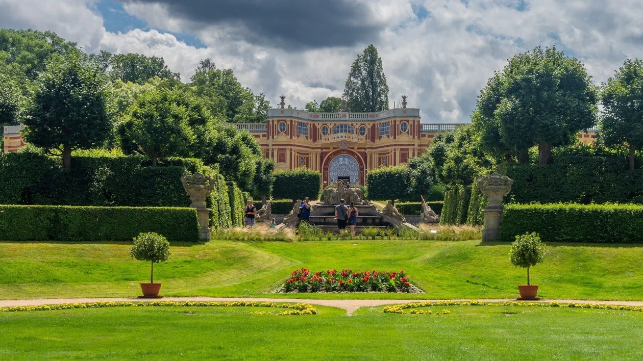Baroque orangery and formal gardens at Dobříš Chateau in Central Bohemia, Czech Republic