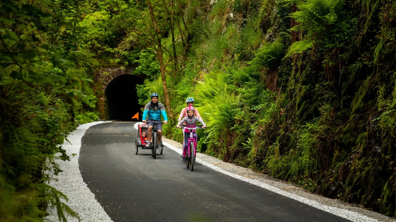 Two cyclists ride on a lush, forested path toward a tunnel.