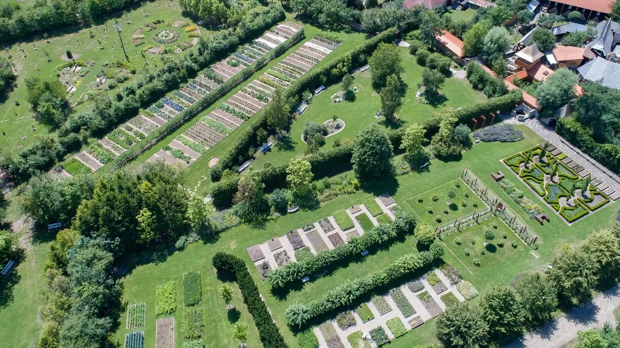 Aerial view of a large, organized botanical garden with various green plots and pathways.