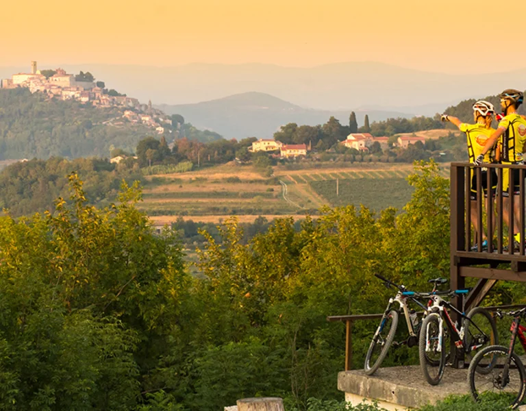 Cyclists admiring a Croatian hillside landscape at sunset.