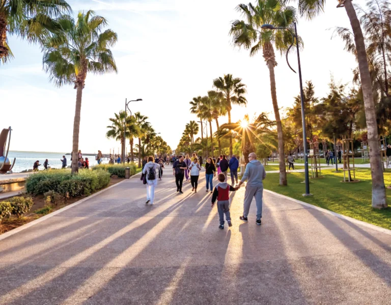 People walking on a palm-lined promenade by the sea at sunset, with shadows cast on the path.