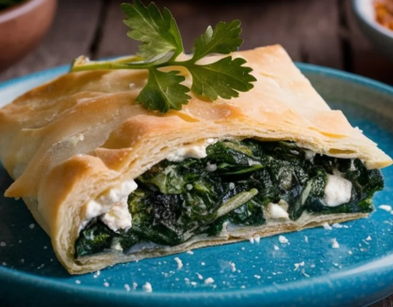 A slice of golden-baked spanakopita (Greek spinach pie) served on a blue ceramic plate. The flaky phyllo pastry is filled with a savoury mixture of spinach and feta cheese, garnished with a sprig of fresh parsley on top. In the background, small bowls with additional seasoning add a touch of rustic elegance to the dish.