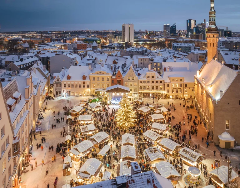 Aerial view of the christmas Market in Tallinn with snow.