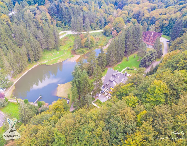 An aerial view of Jastrebac Mountain with a lake surrounded by lush forest and a lodge.