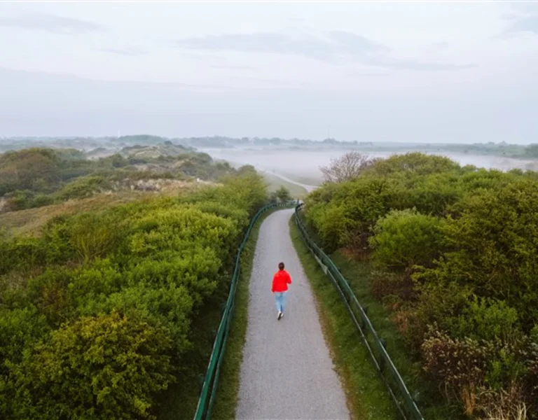 A person in a red jacket walks along a winding path through lush greenery, with misty dunes and a cloudy sky in the background.