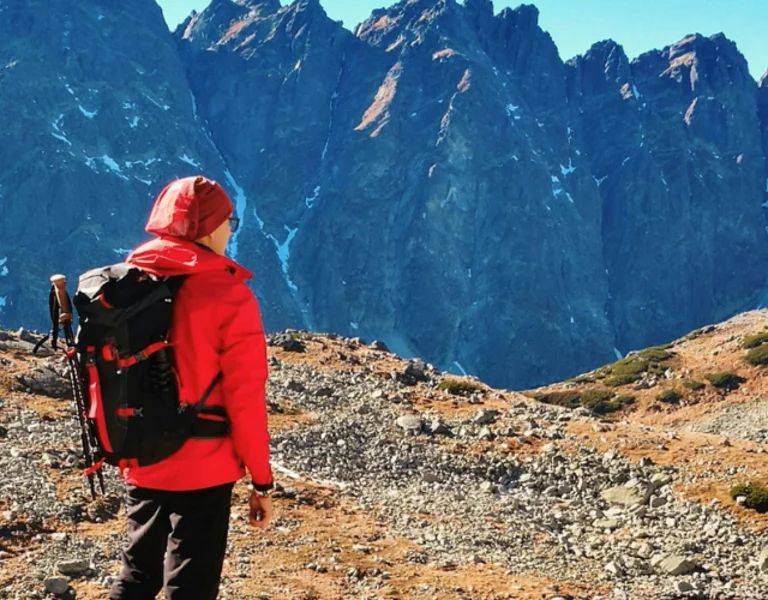 A lone hiker in a red jacket standing on a rocky outcrop, overlooking a serene alpine lake framed by rugged mountain peaks.