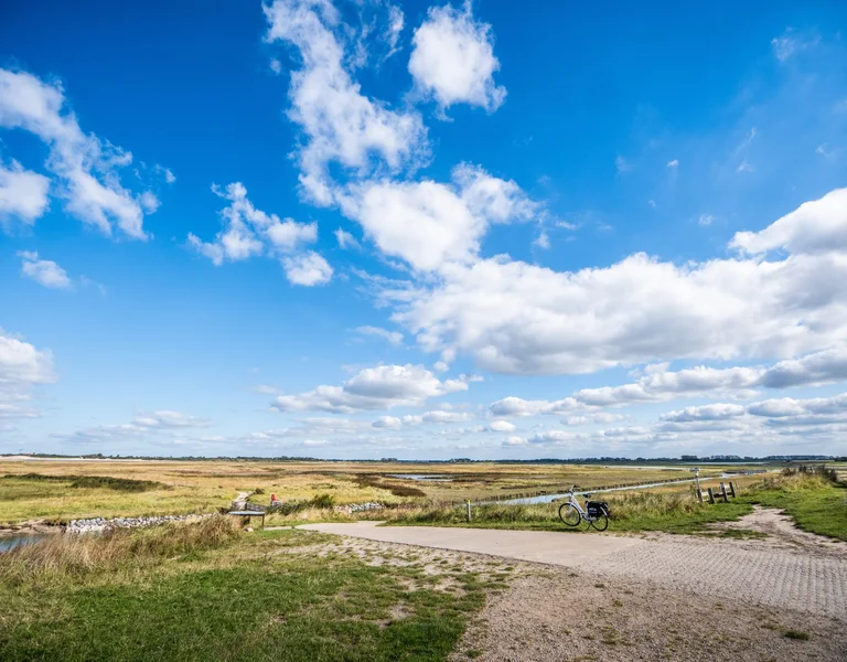 Scenic view of a flat, grassy landscape under a vibrant blue sky with scattered clouds, featuring a bike parked near a paved path.