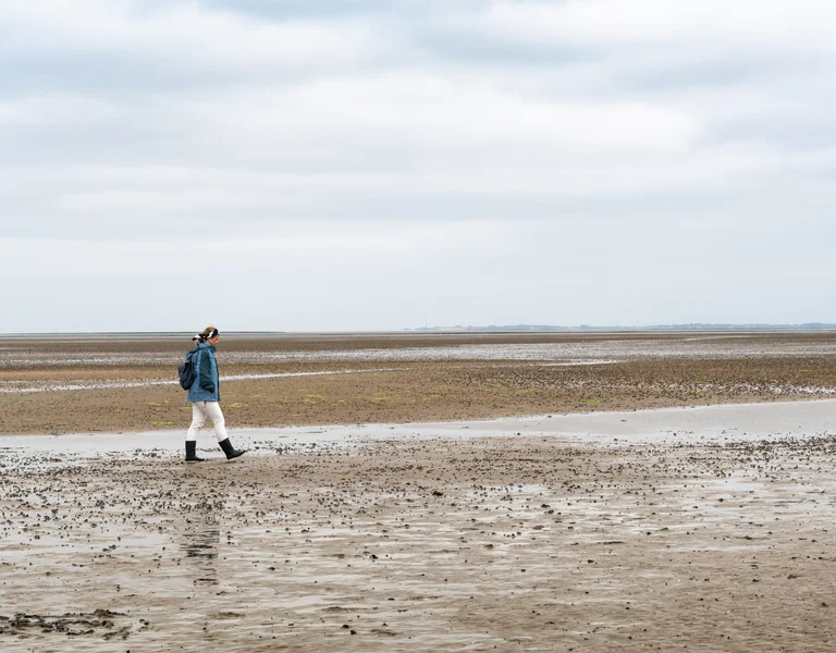 A lone figure walks on the expansive mudflats of the Wadden Sea, surrounded by endless sky and low-tide terrain