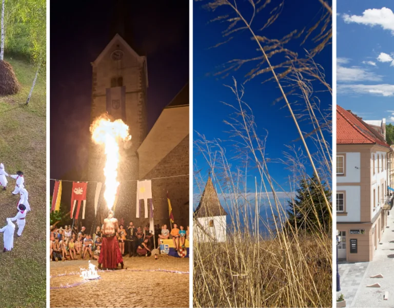 A collage showcasing diverse scenes: a geometric structure, dancing circle, fire performance, serene landscapes, and quaint village architecture.