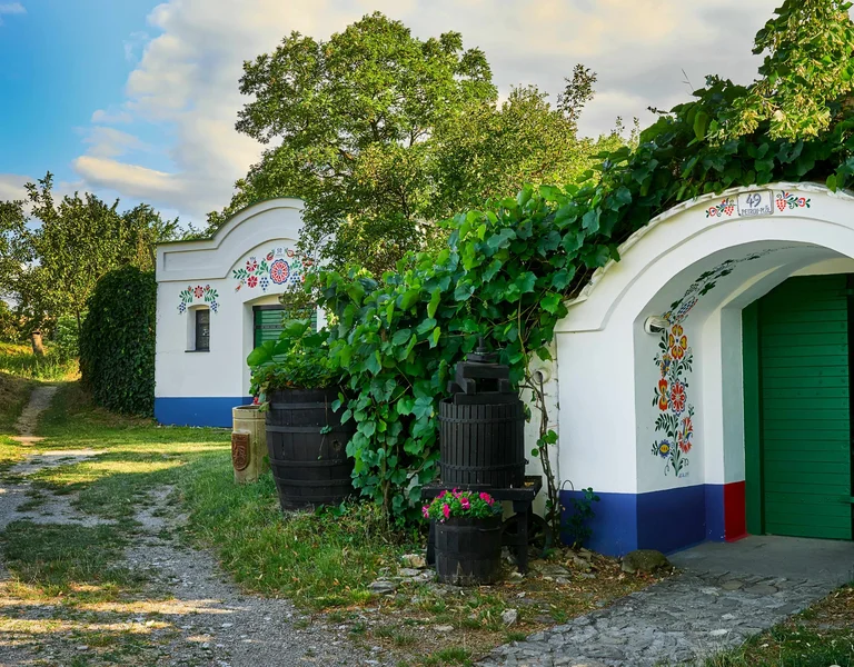 Colorful painted wine cellars in Plže, Petrov, South Moravia, Czechia.