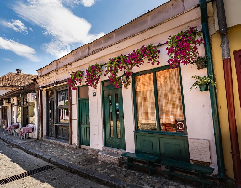 Colorful old houses with hanging flowers on Tešnjar Street in Valjevo, Serbia — a beautifully preserved cobblestone lane reflecting the city’s Balkan heritage.