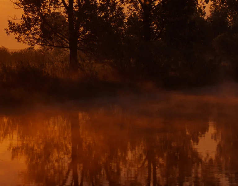 Orange sunset over a calm river with trees and mist on the water.