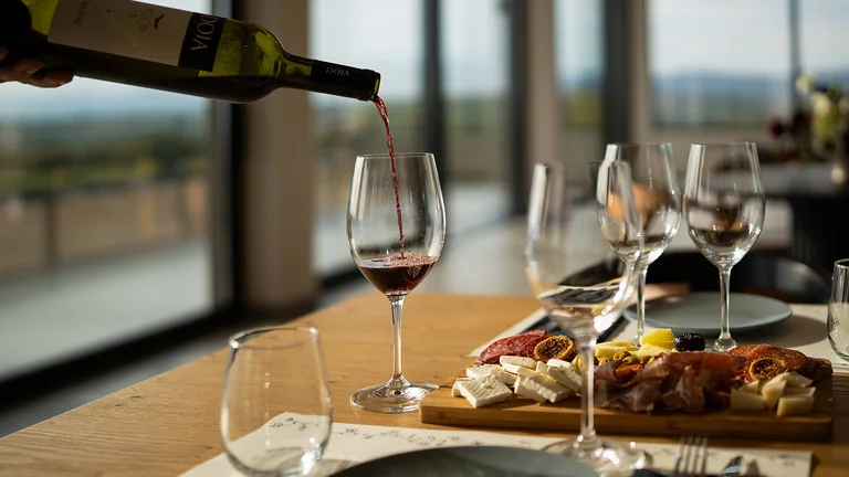 A hand pours red wine into a glass beside an elegant charcuterie board, with multiple wine glasses set against a scenic backdrop.