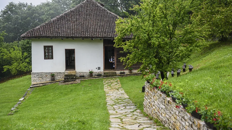 Traditional Serbian house with a stone roof, surrounded by green scenery under a cloudy sky, with a stone pathway leading to the house adorned with pots of red flowers.