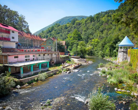 The Thermal springs on Cerna river in Baile Herculane during summer season, Romania