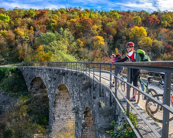 cyclists are admiring the view along the Parenzana trail.