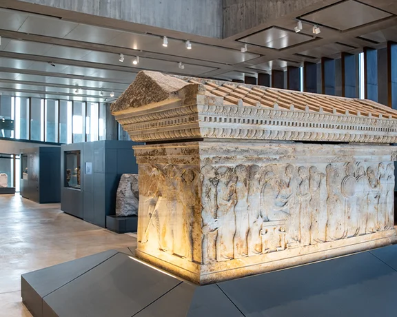 Ancient sarcophagus with carvings on display in a the Museum of Troy in Çanakkale.