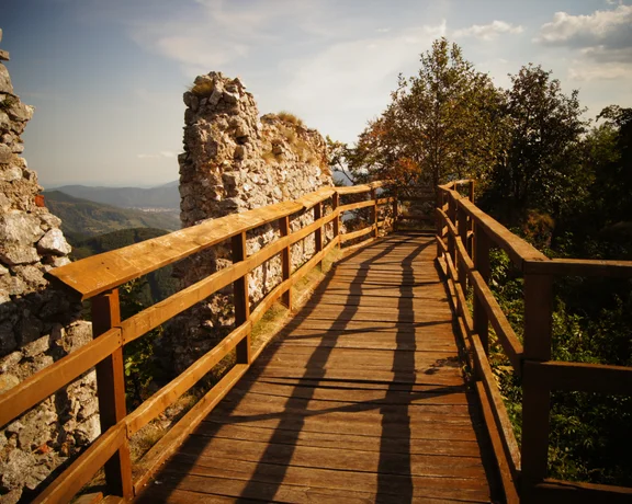 Wooden walkway between old stone ruins, surrounded by trees under a sunny sky.