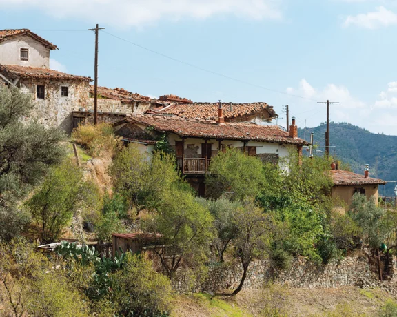 Rustic hillside houses surrounded by greenery under a partly cloudy sky.