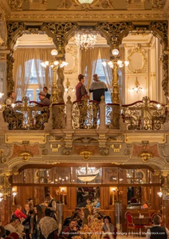 Elegant, ornate café interior with people dining and golden decorative details.