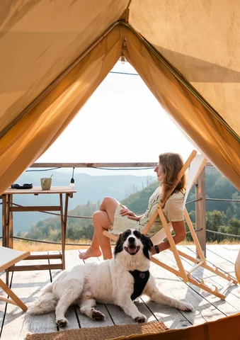 Woman relaxing in a chair on a tent deck with a happy dog and mountain views.