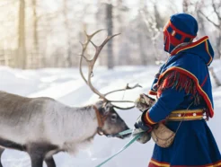 Sámi person with a reindeer.