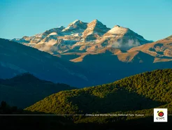 Snow-capped mountains with green forested hills in sunlight.